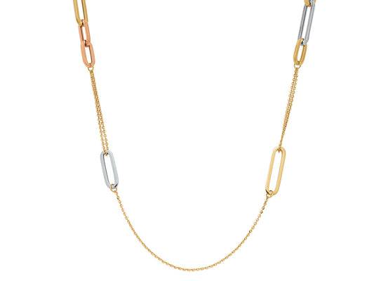 Sautoir Chaînes et mailles rectangles, 80 cm, 3 Ors 18k